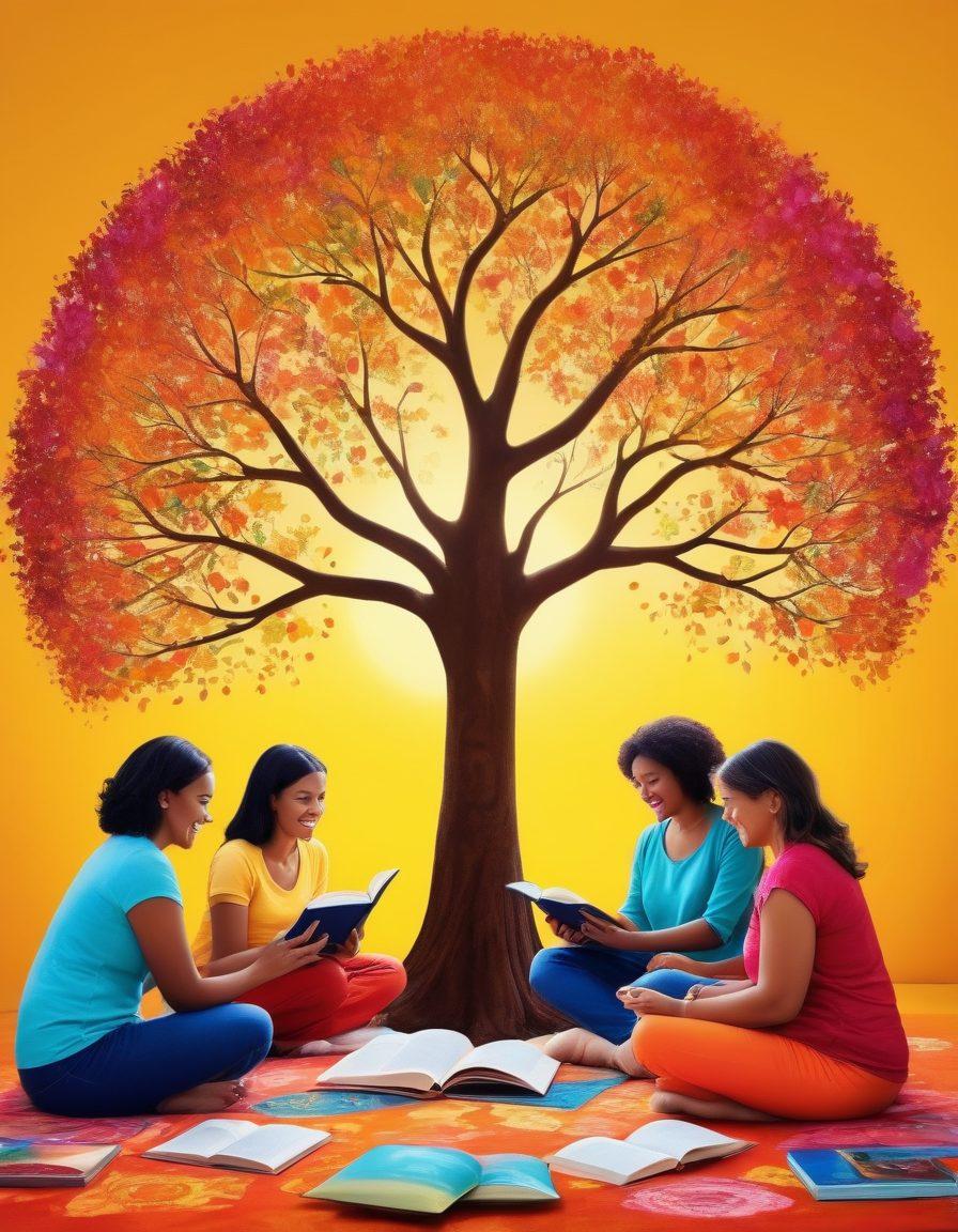 A heartwarming scene of a diverse group of moms engaging in a supportive circle, sharing resources like books and digital devices. Each mother exhibits confidence and joy, surrounded by symbols of empowerment, such as a tree of knowledge and a vibrant sun. Bright colors evoke a sense of community and encouragement, with soft, inviting background elements like cushions and children playing. super-realistic. vibrant colors. warm background.