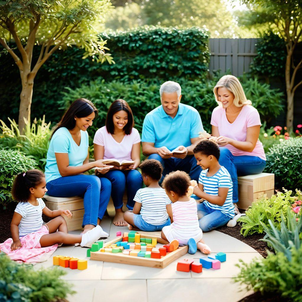 A warm family scene showcasing diverse family members engaging in nurturing activities, like reading, playing games, and sharing meals together. Incorporate soft colors to evoke feelings of love and support, with playful elements that highlight child development, such as building blocks and art supplies. A serene garden backdrop to symbolize growth and togetherness. super-realistic. vibrant colors. soft focus.